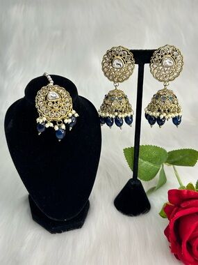 Beautiful Gold With Navy Blue Pearls Jhumka And Tikka Set